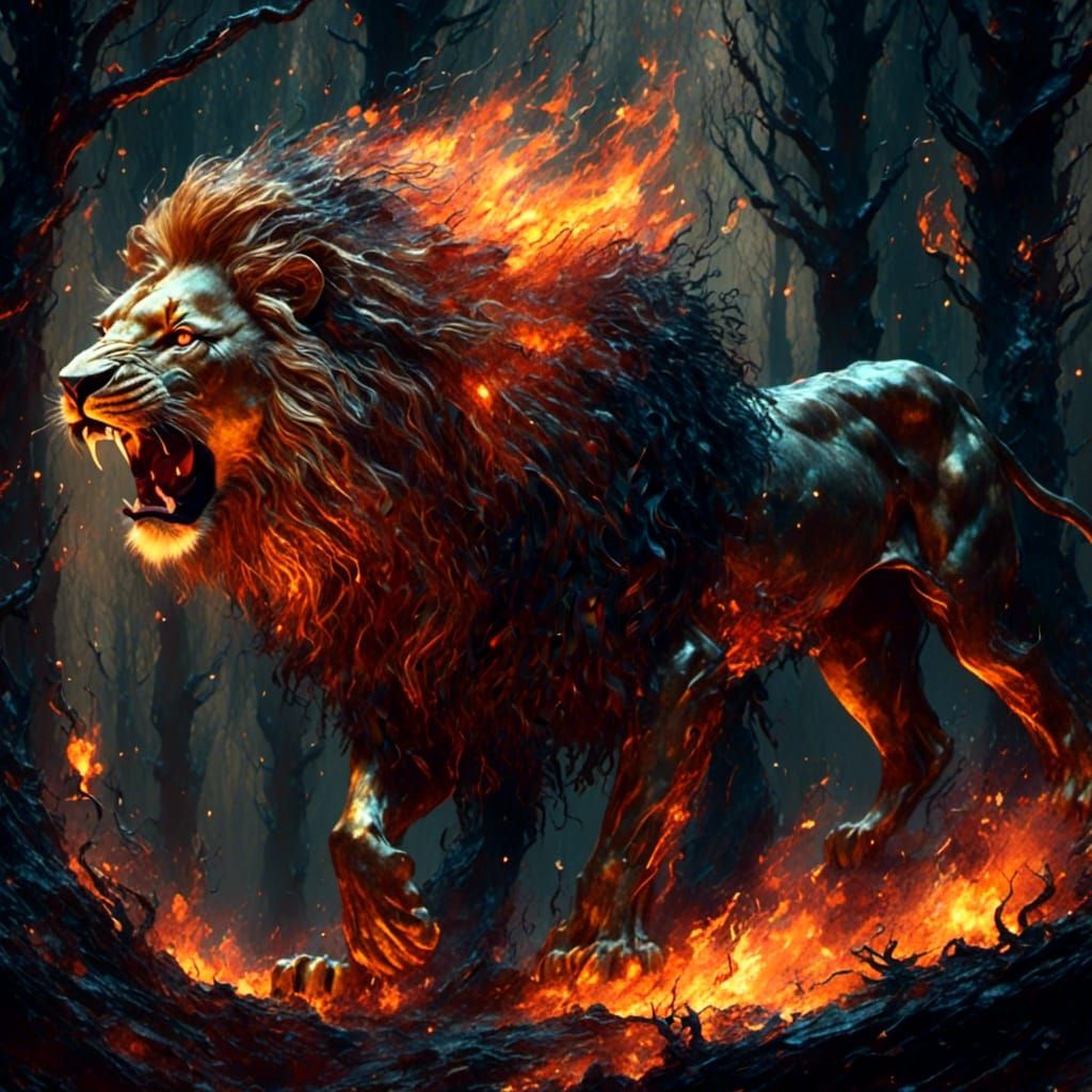 Fiery Lion Roaring in Mystical Forest
