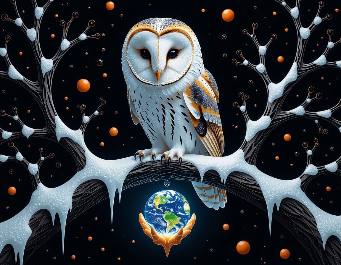 Barn Owl on Snowy Branch in Intricate 3D Render