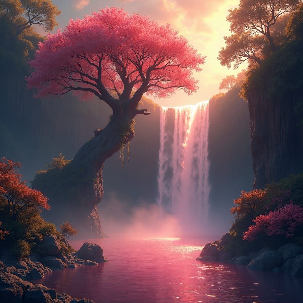Mystical Waterfall with Tree of Life in Matte Painting
