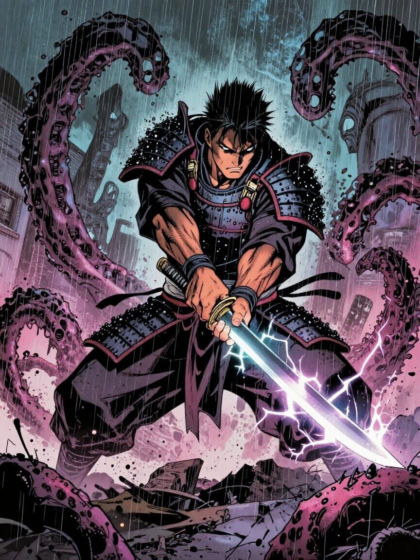 Samurai Fights Bio-Mechanical Tentacles in Comic Style