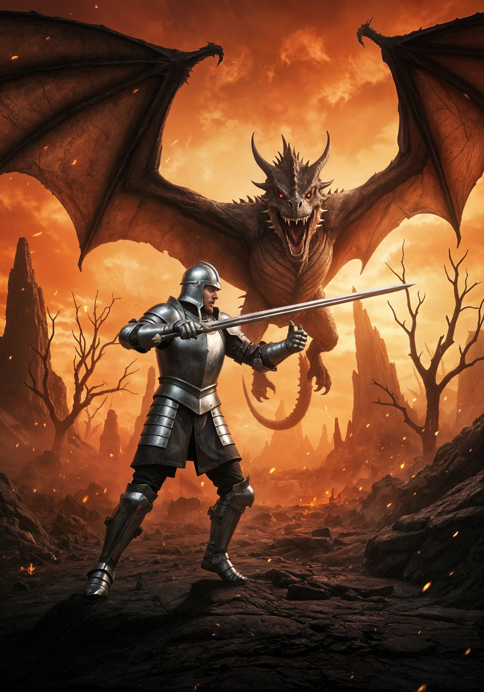 Knight Battles Dragon in Fiery Fantasy Landscape