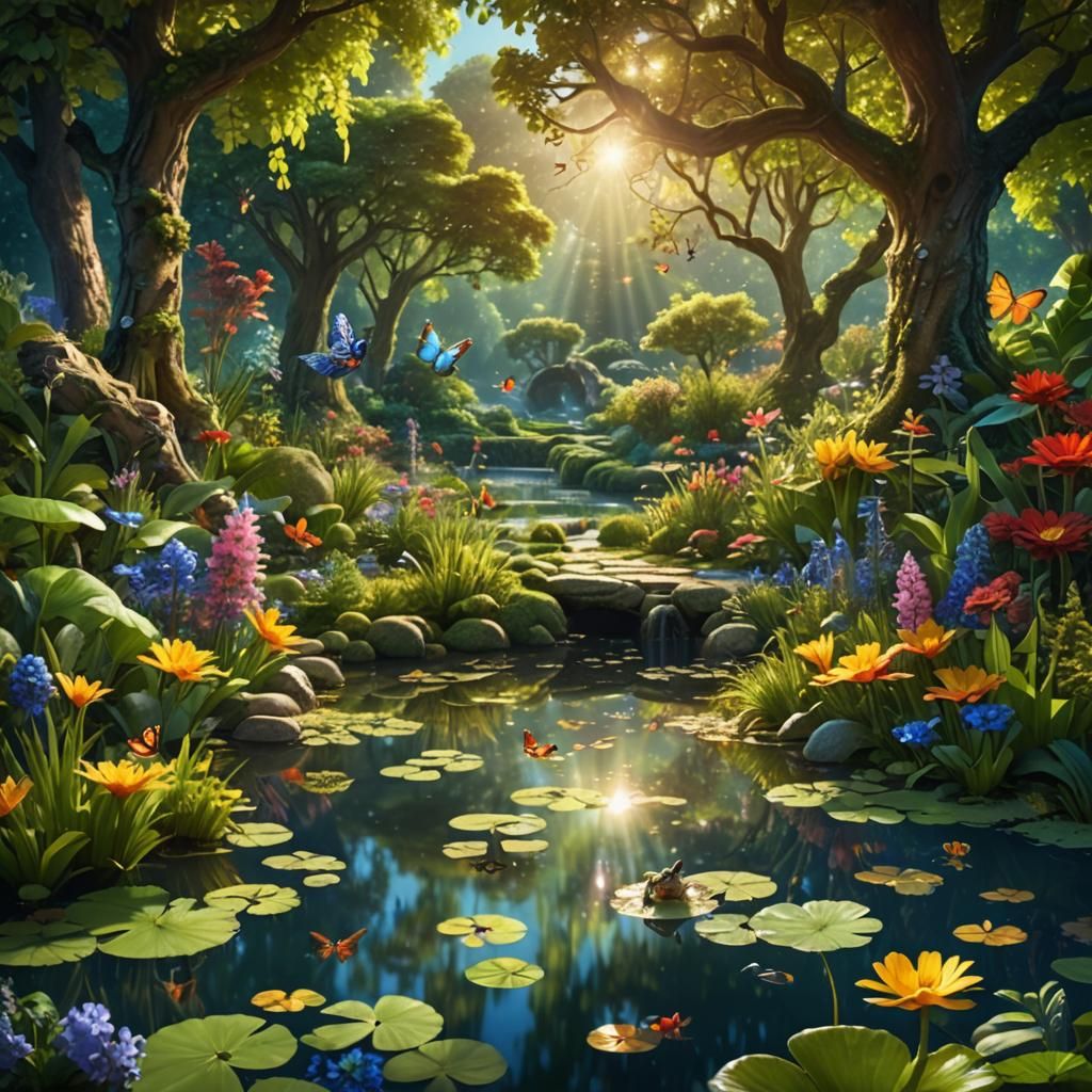 Lush Garden Scene with Ponds in Digital Painting