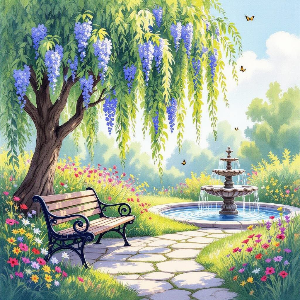 Colored Pencil Garden Sketch with Blue Flowers and Stone Pat...