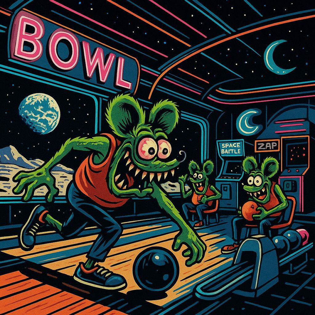 Retro-Futuristic Bowling on the Moon in 1950s Sci-Fi Style