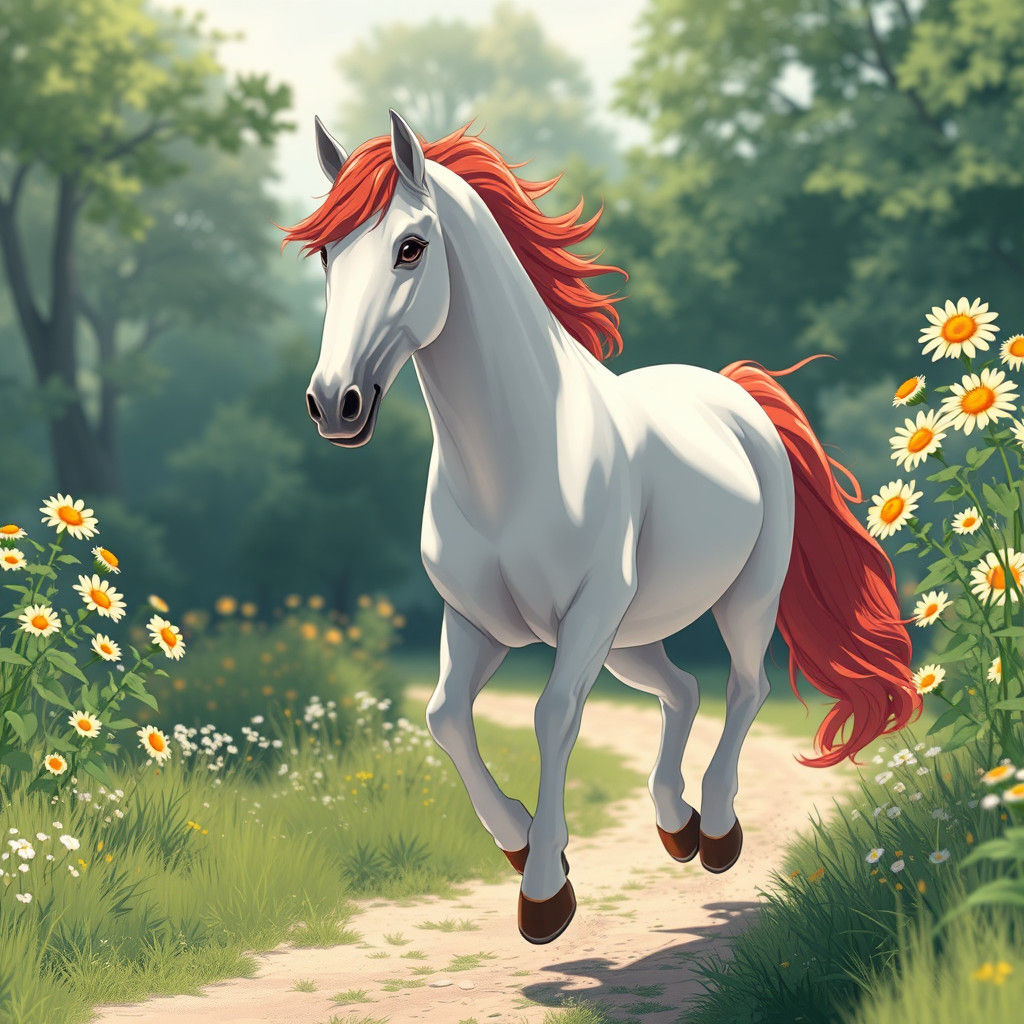 White Horse Running Through Sunflowers, Ghibli-style