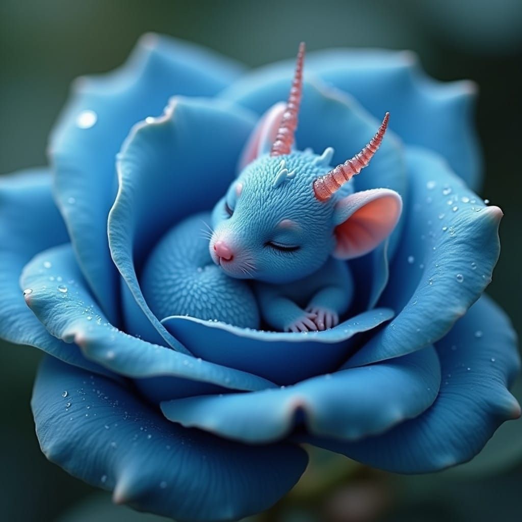 Adorable Velvet Dragon-Mouse in a Dewy Blue Rose