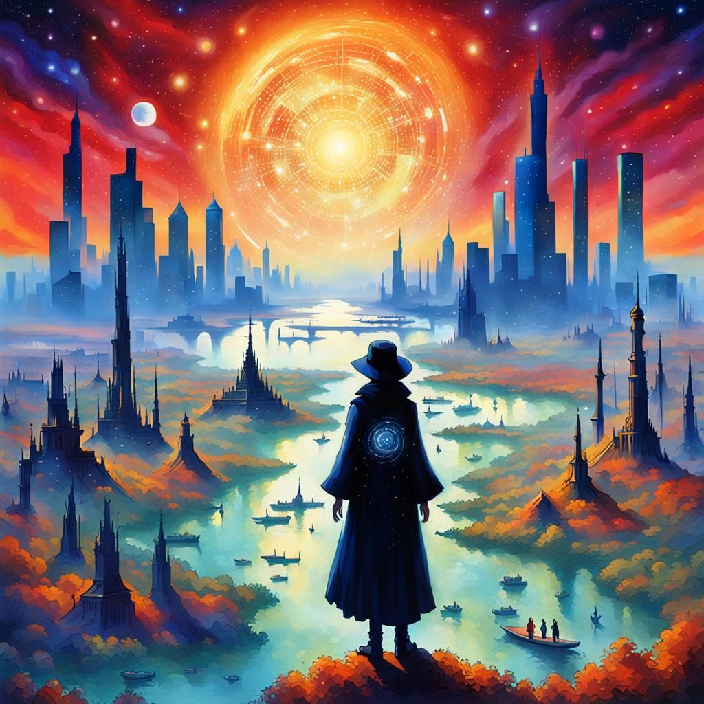Sci-Fi Sorceress: Surreal Skyline in Pointillist Style