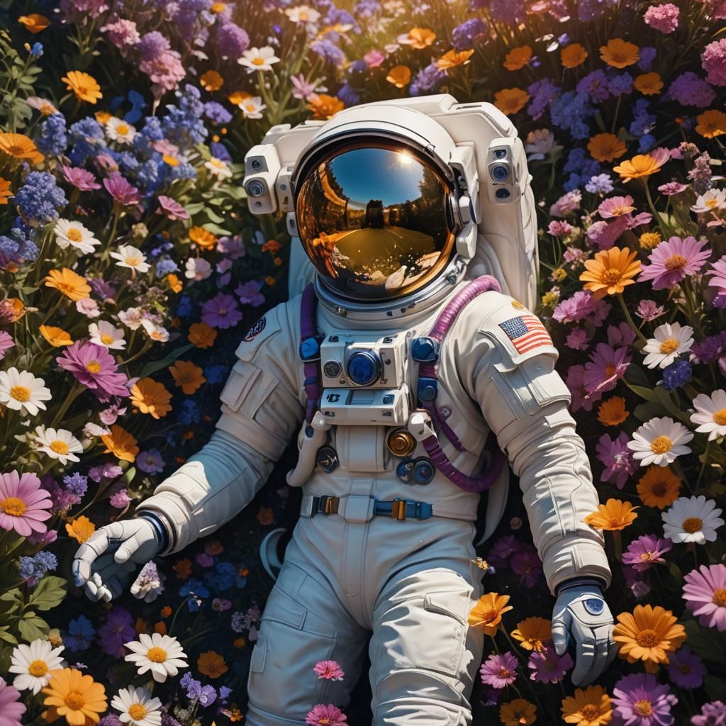 Astronaut in Surreal Flower Garden Reflecting Universe