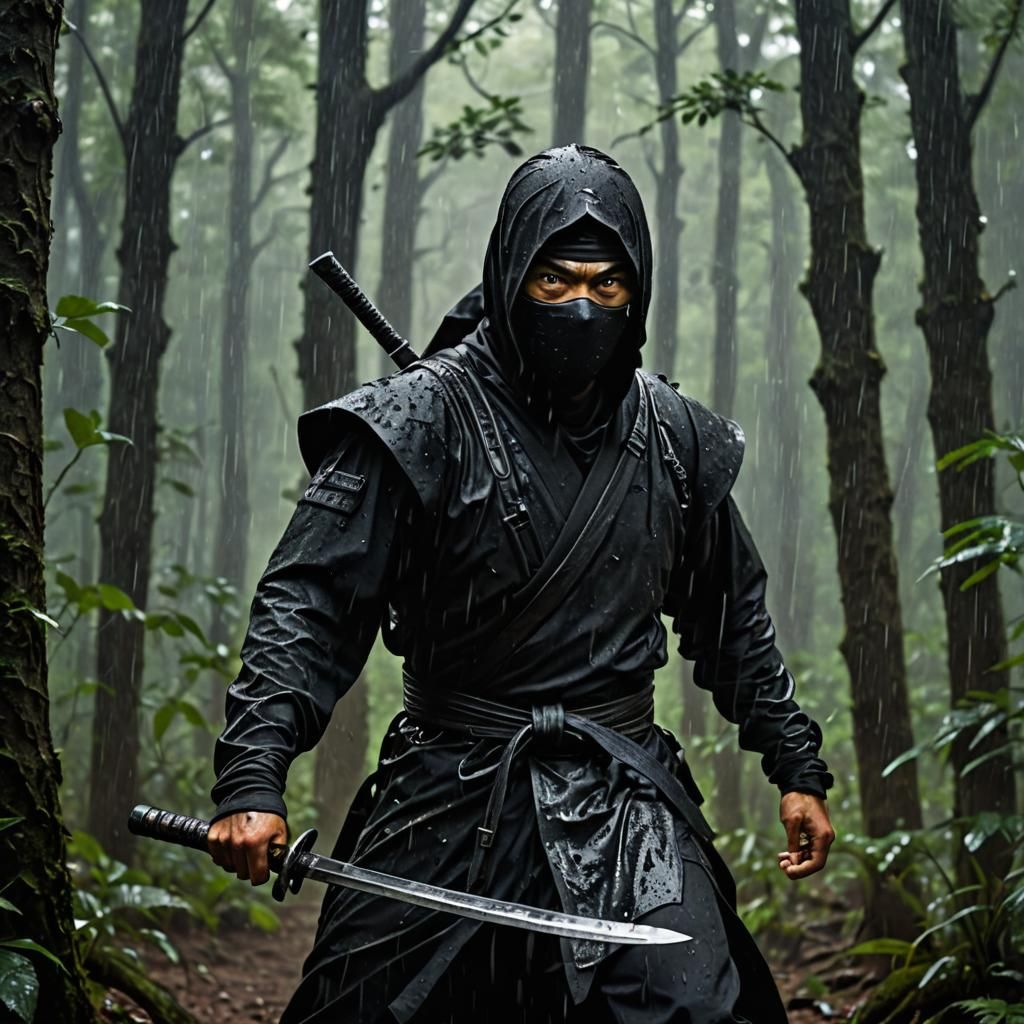 Ninja in Rain-Drenched Forest, Professional Portrait