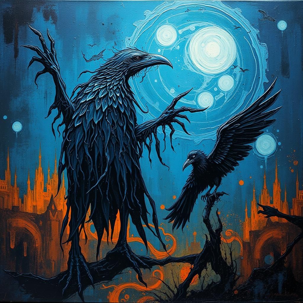 Ghostly Scarecrow and Raven in Impasto Style
