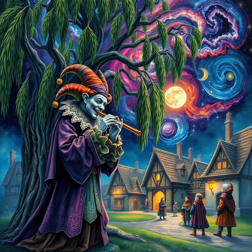 Medieval Jester's Cosmic Serenade: An Astral Illustration