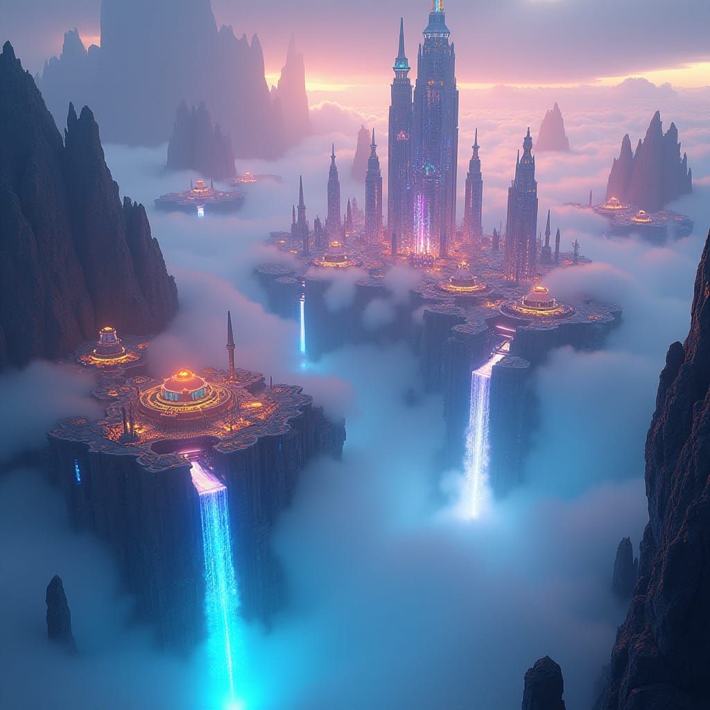 Cyberpunk City Floating Above Clouds with Neon Lights