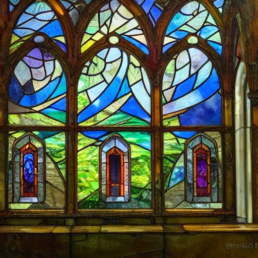 Overgrown Temple with Stained Glass: Oil Painting