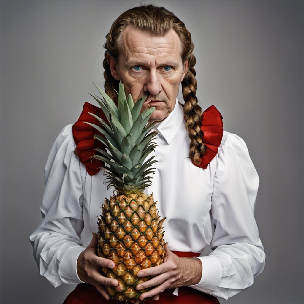 Sad Figure in Maid Outfit Holding Pineapple