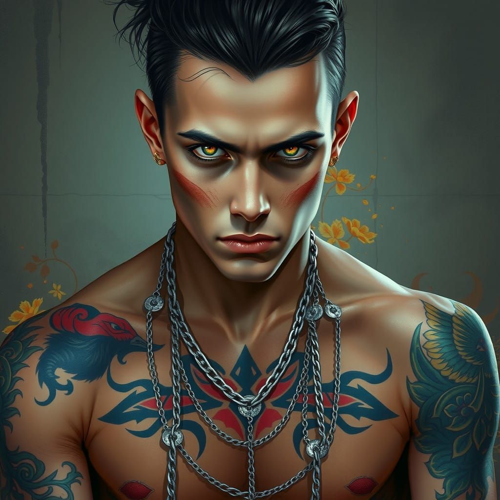Androgynous Regal Warrior with Mystic Tattoos in Vibrant Neo...