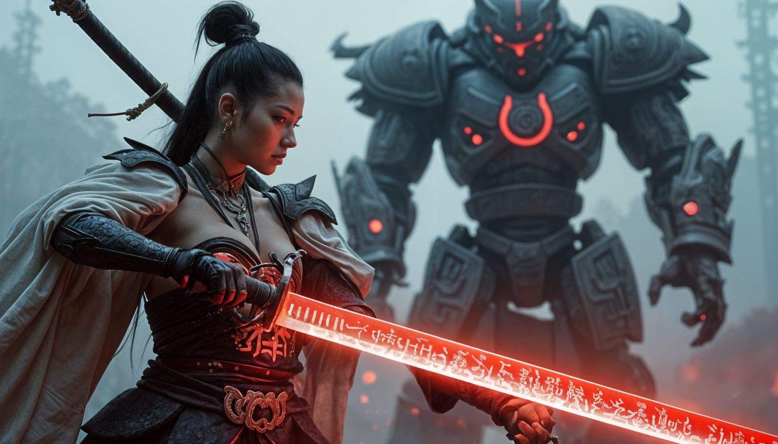 Glowing Samurai Sword in Neon Japanese Characters