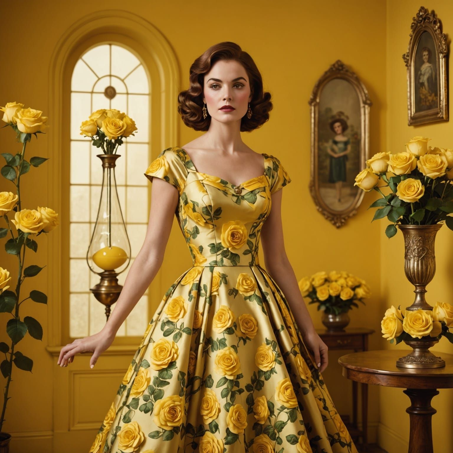 Woman in Yellow Rose Dress: Vintage Fashion Ad