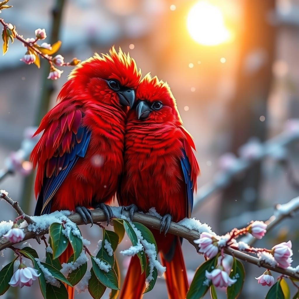 Vibrant Crimson Rosella in a Snowy Forest Sanctuary