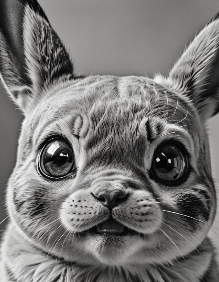 Hyperrealistic Black and White Portrait of Pikachu in Studio...