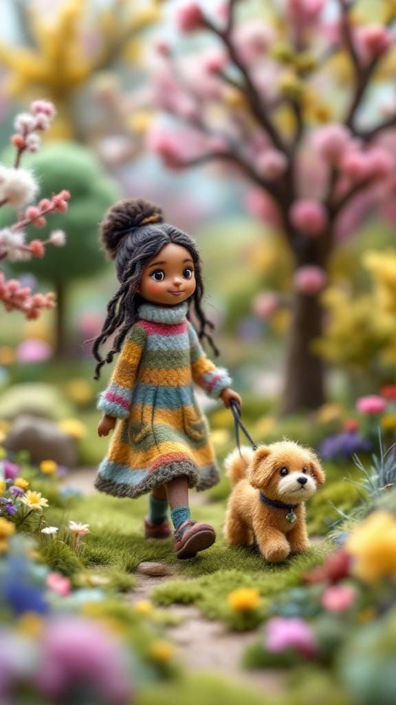 Needle Felted Girl and Dog in Yarn Park