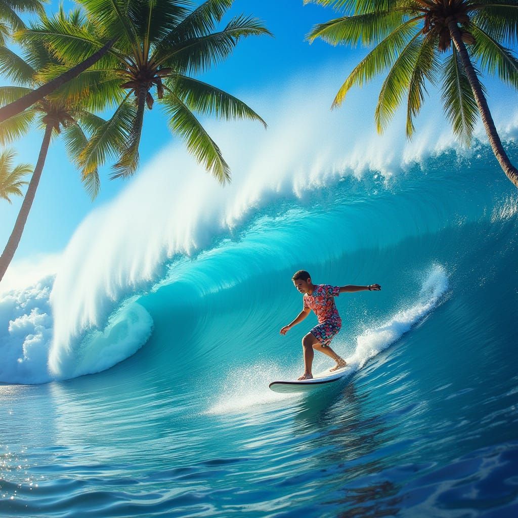 Surfer Riding 45-Foot Wave in Hawaiian Paradise