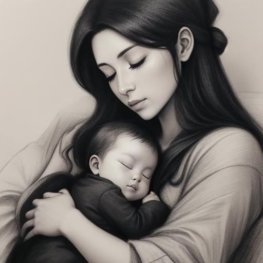 Mother and Child Sleeping: Charcoal Drawing