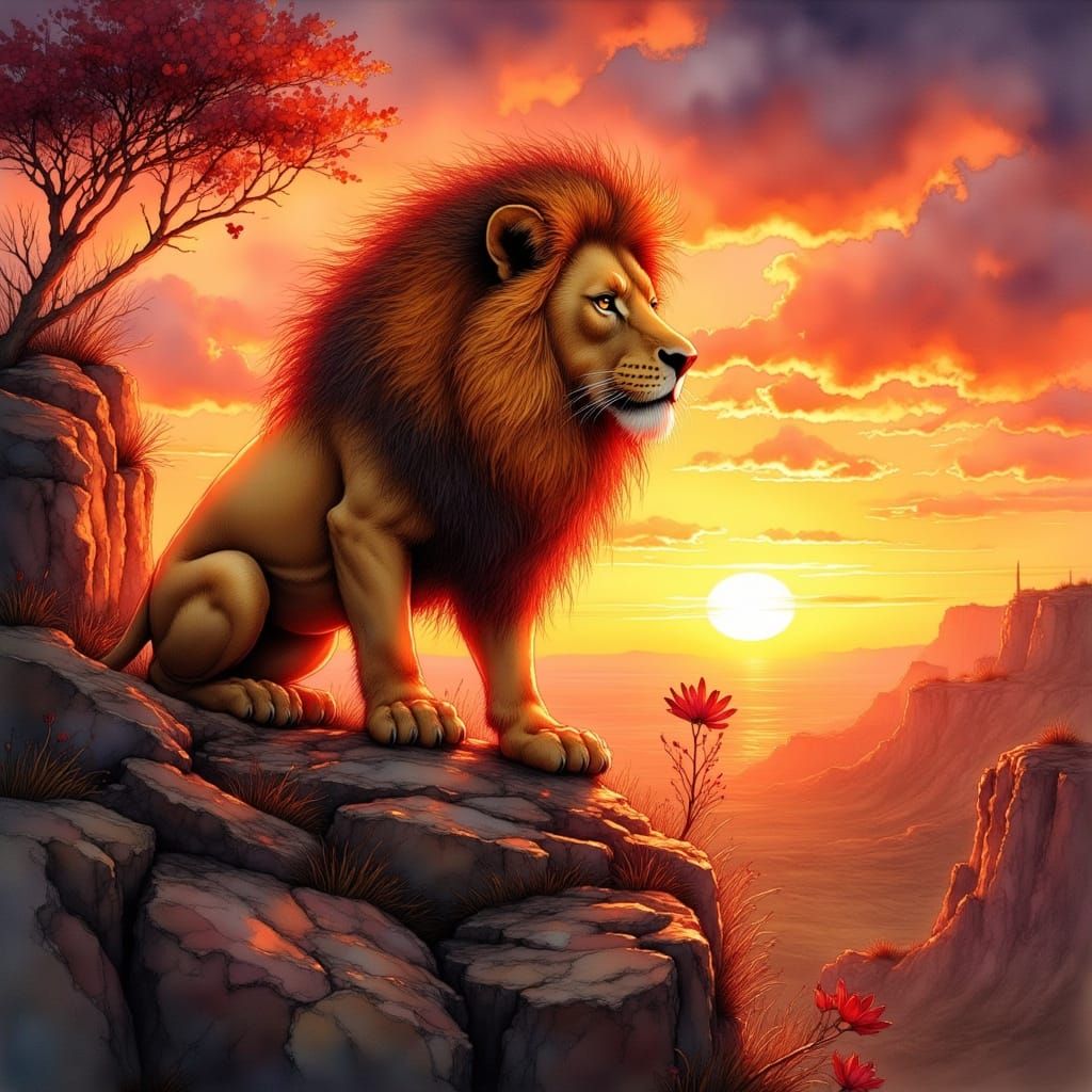 Lion with Flaming Mane at Sunset, Digital Art