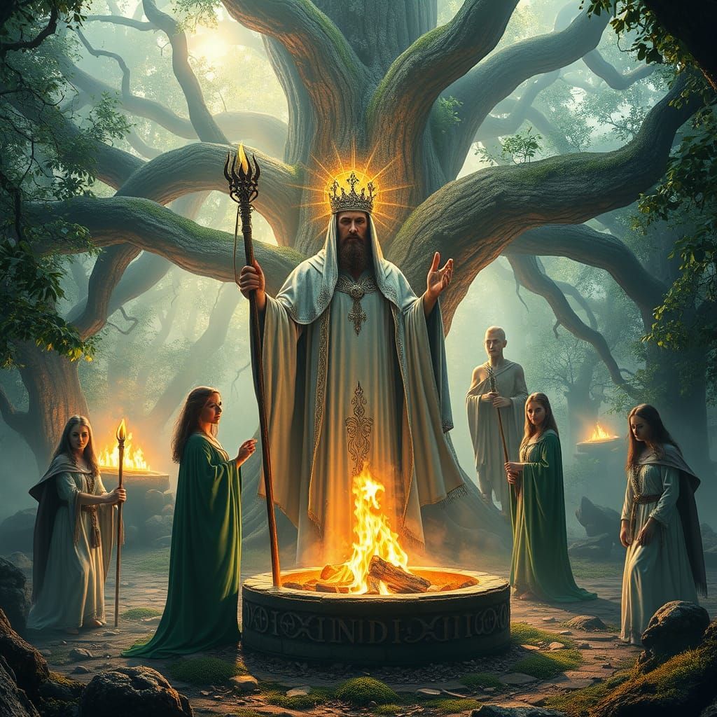 Sacred Baltic Ritual Unfolds Beneath Ancient Oak's Fiery Bla...