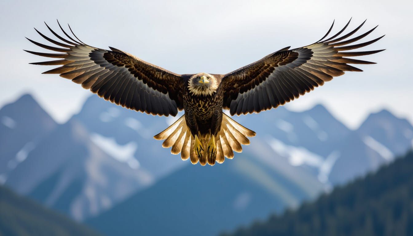 Golden Eagle in Flight Over Mountains