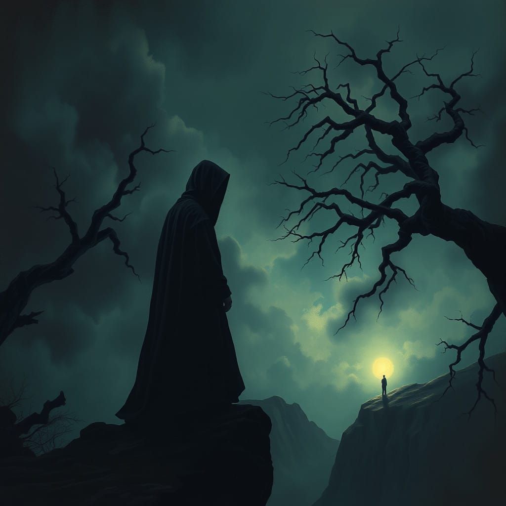 Figure Lost in Dark Ominous Landscape