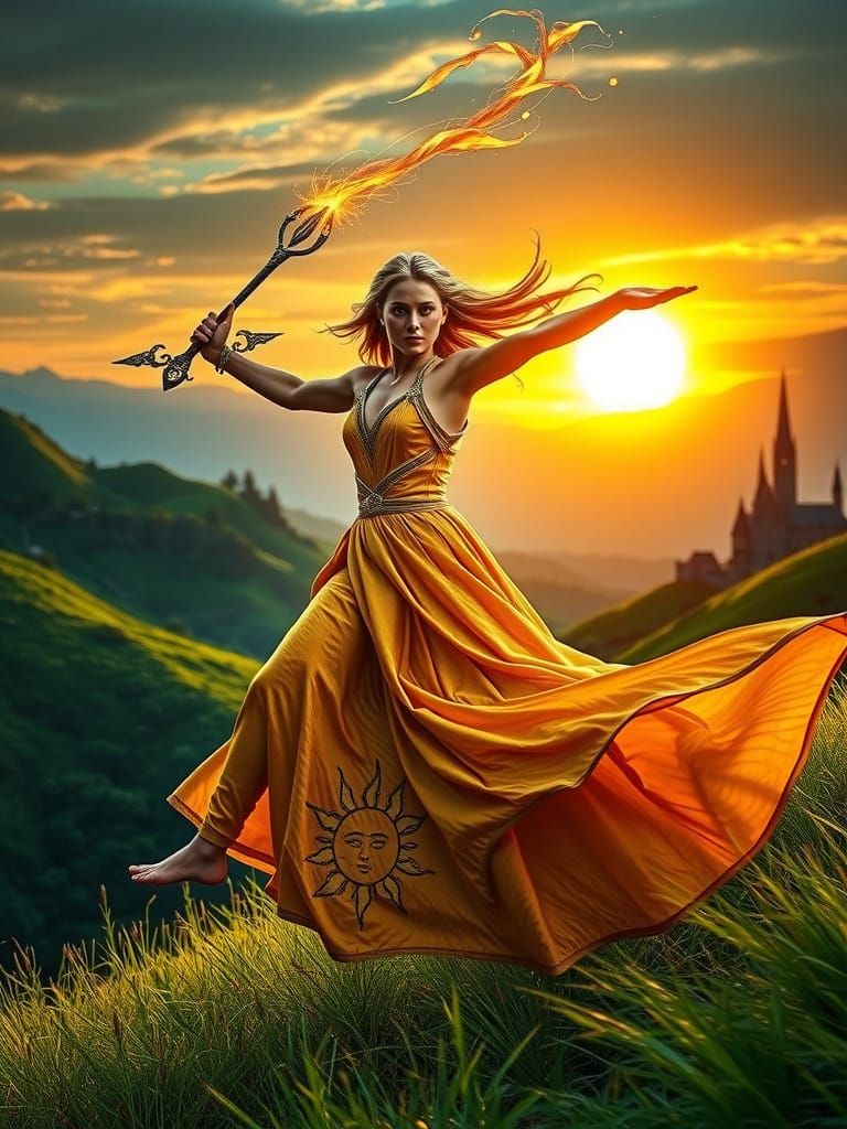 Ultra-Realistic Fantasy Female Warrior in Golden Gown Leapin...