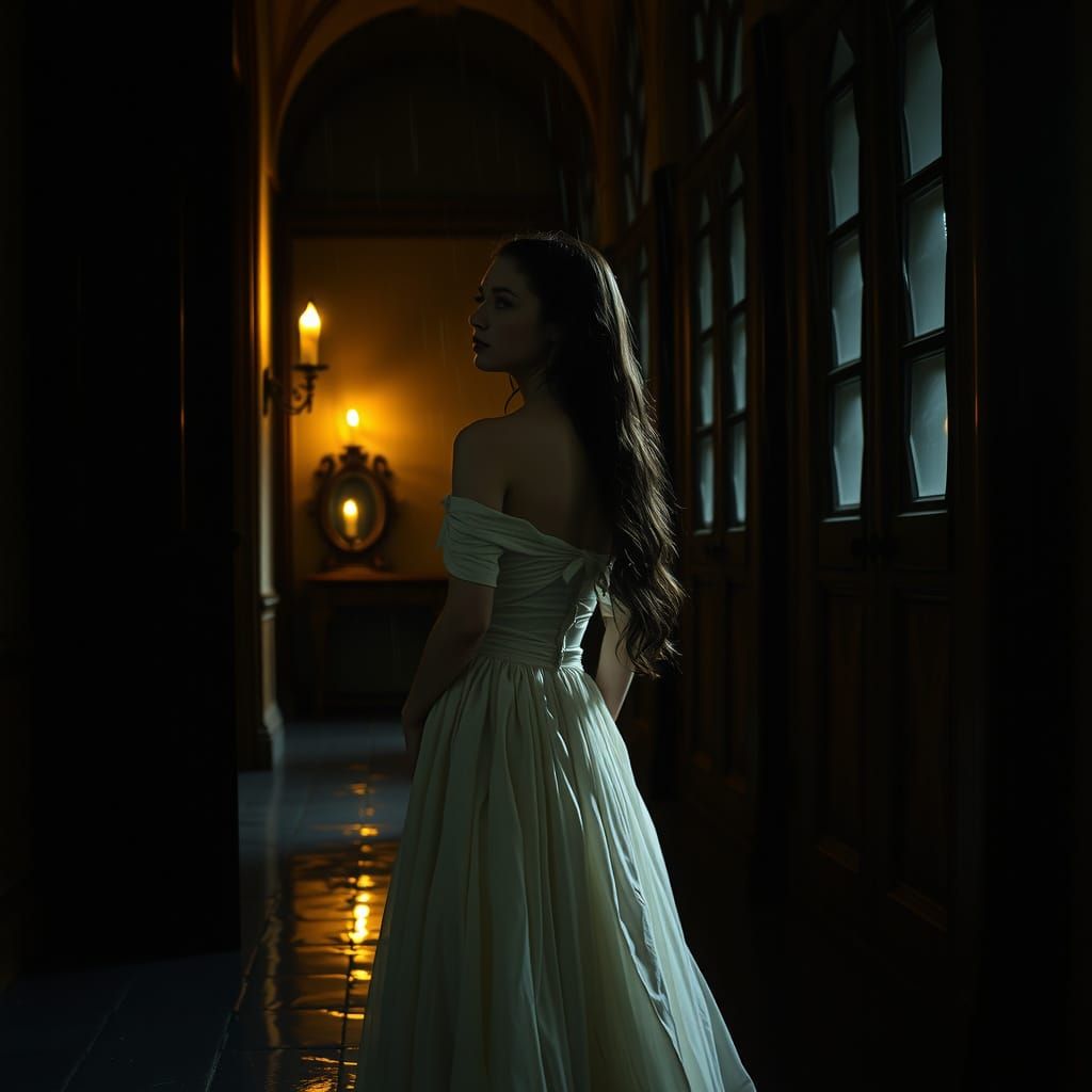 Girl in Castle Hallway: Photorealistic Atmospheric Portrait