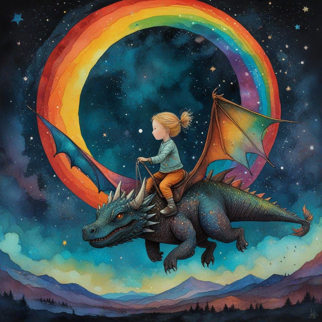 Child Riding Dragon in Cosmic Surrealism Starscape