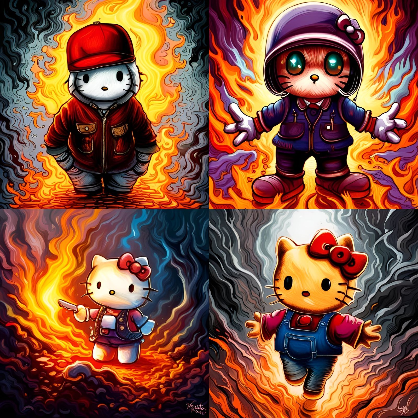Fiery Hello Kitty Horror Art in Gustave Doré Style