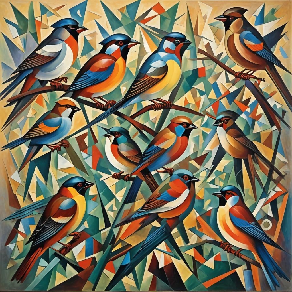 Abstract Cubist Sparrows Inspired by Georgy Kurasov