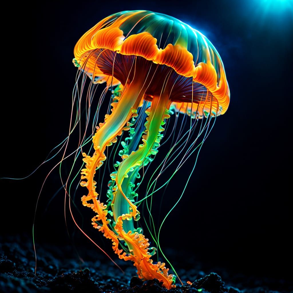 Bioluminescent Jellyfish in a Neon Lit Ocean