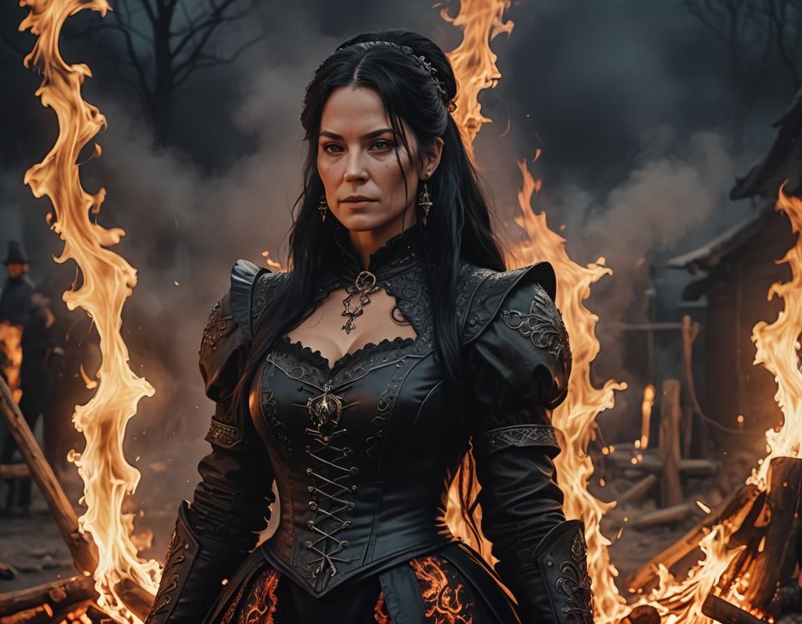 Gothic Woman at Bonfire: Dark Fantasy 3D Art