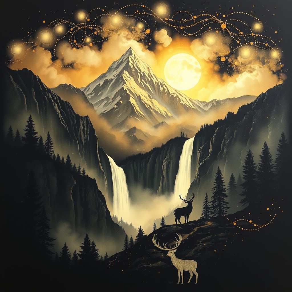 Ethereal Landscape with Waterfalls and Deer
