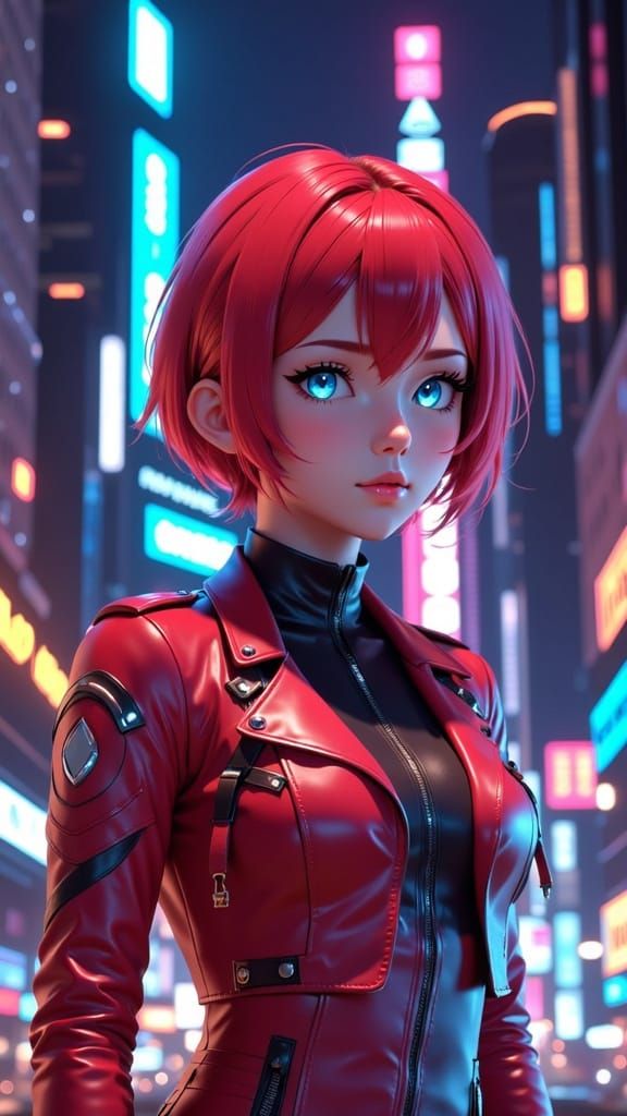 Molly Ringwald in Futuristic Suit, Cyberpunk Cityscape