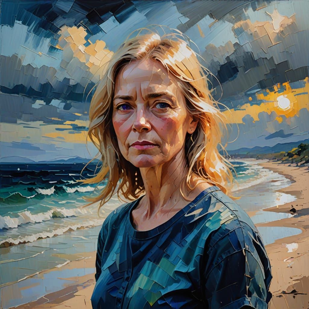 Woman on a Beach, Moody Impasto Oil Painting