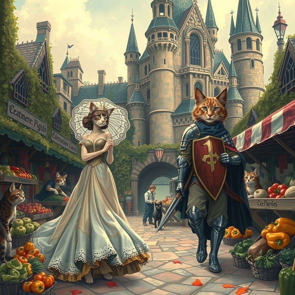 Regal Feline Royalty in Whimsical Castle Scene