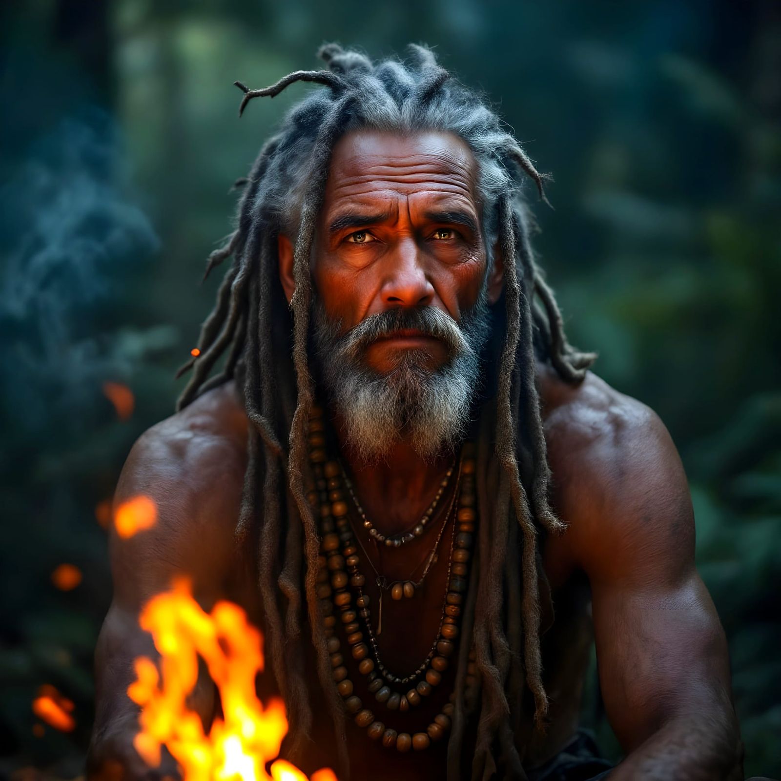 Elder Medicine Man in Moonlit Ceremony