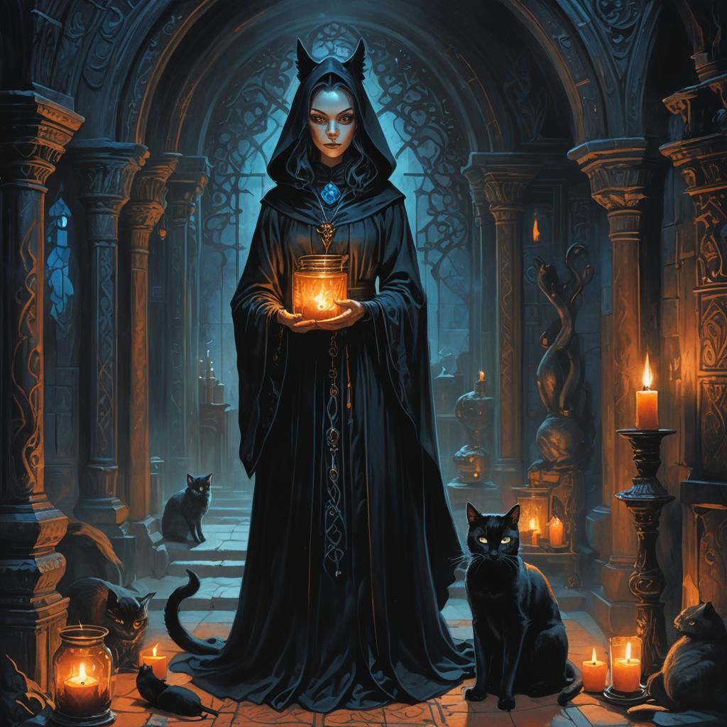 Witch With Cats in Dark Fantasy Chamber