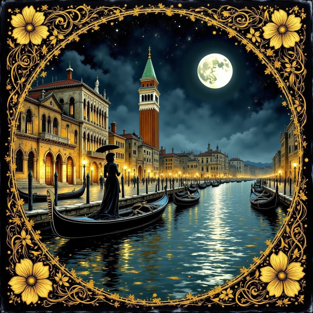 Art Nouveau Venice at Night with Swirling Patterns