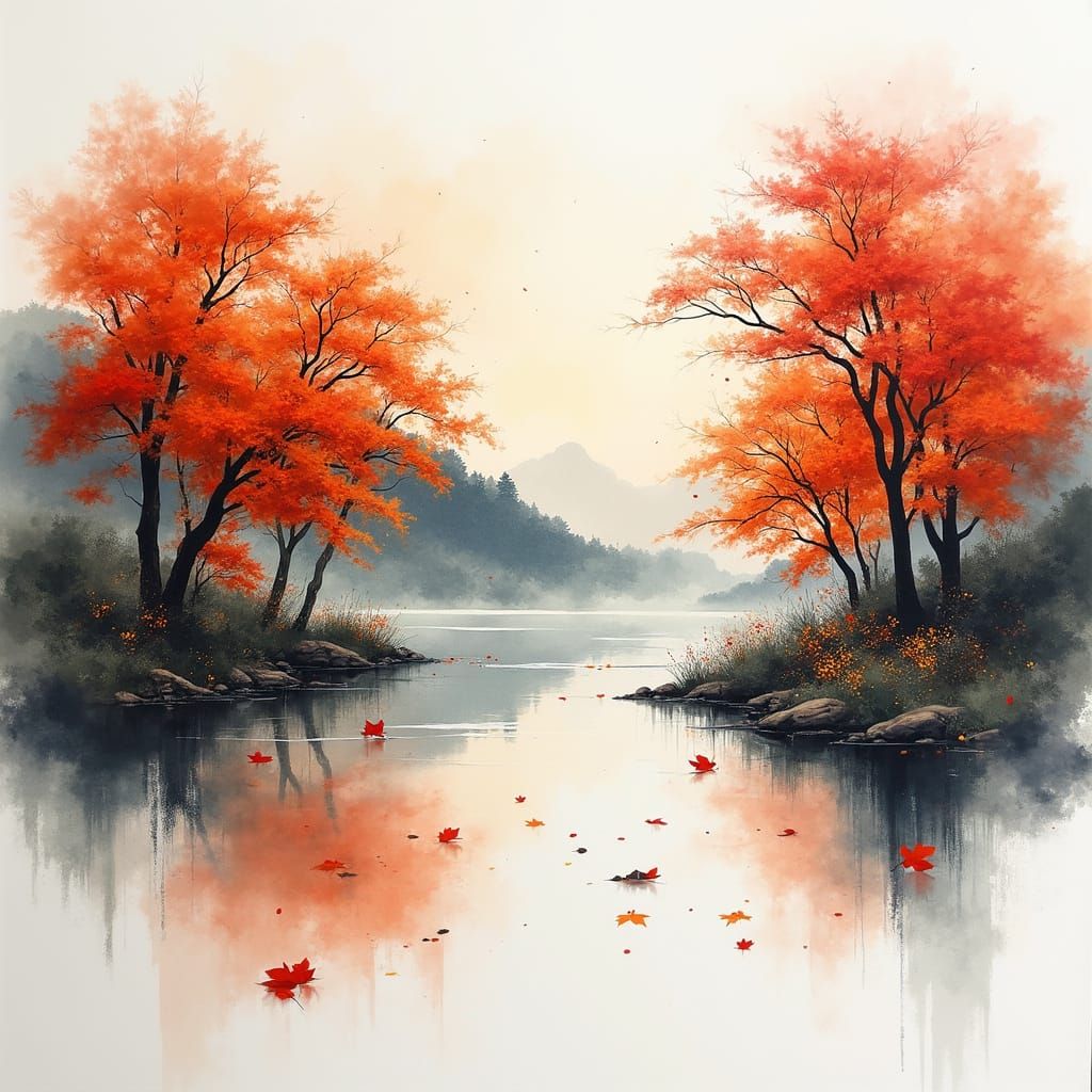 Japanese Autumn Landscape in Expressive Watercolour Style