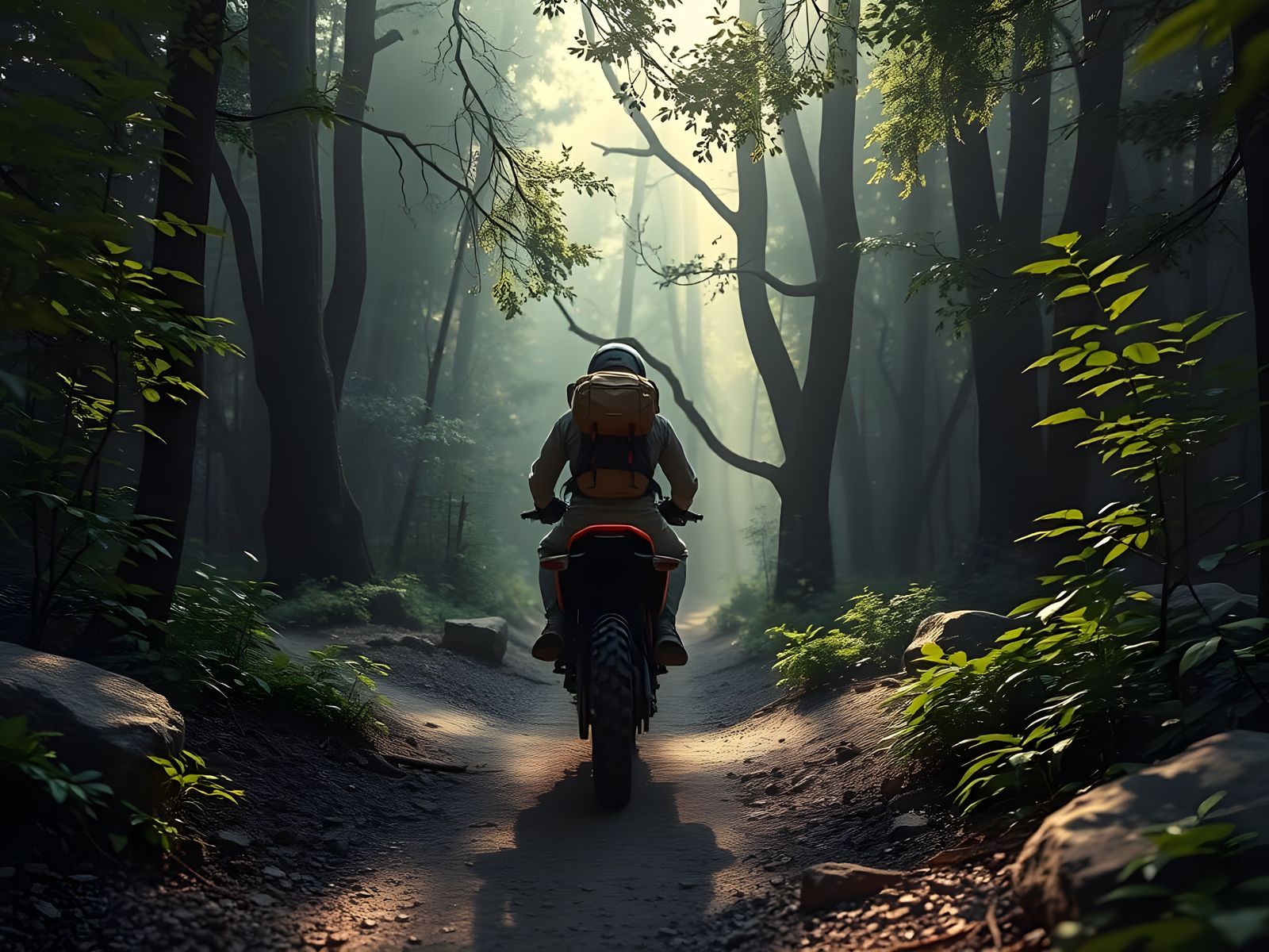 Motorcyclist Rides Away Through Mysterious Forest Landscape