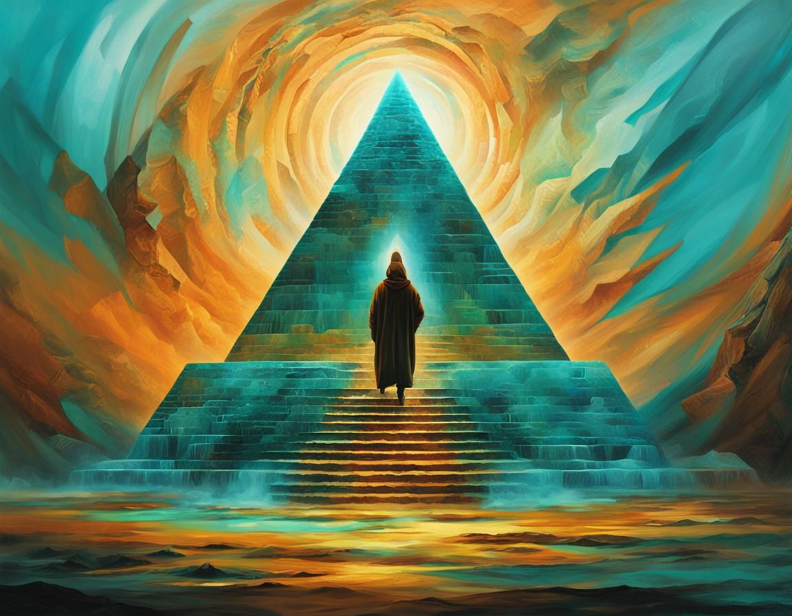 Mysterious Figure at Pyramid in Surreal Abstract Art