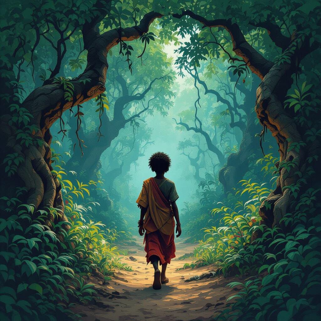 Boy Approaches Forest: Atmospheric Digital Painting
