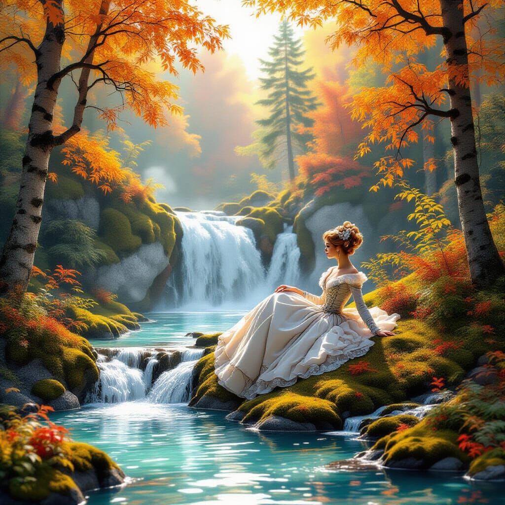 18th Century Fashionista at Misty Autumn Waterfall