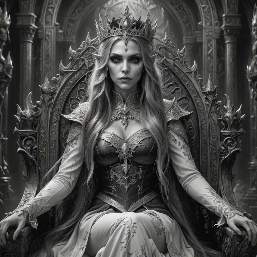 Ethereal Vampire Elf Queen Portrait in Black and White